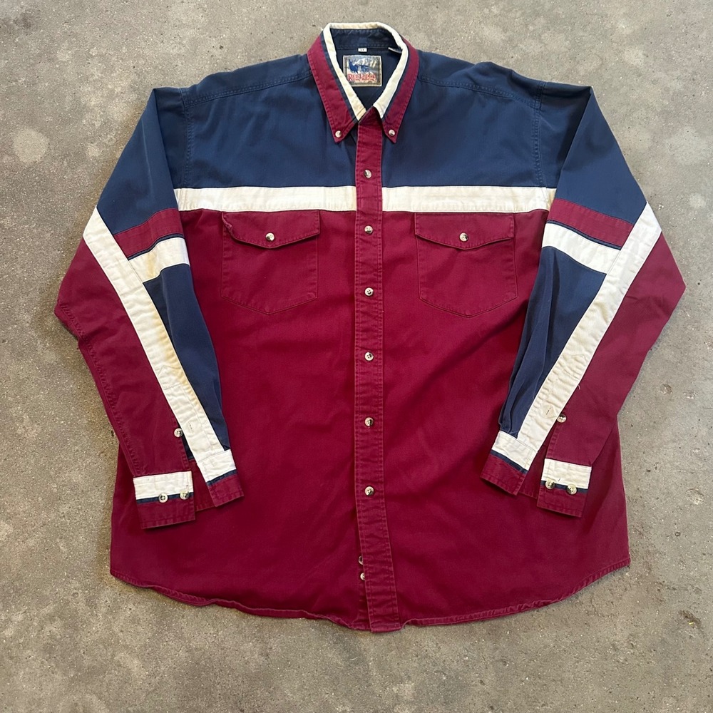 VTG‎ Red Lodge Button Down Shirt Mens XL Burgundy Navy Colorblock Western Cotton